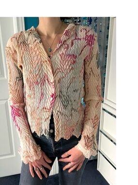 Blush Pink Crinkle Pleated Blouse Velvet Floral Burnout Plaque Romantic Komarov
